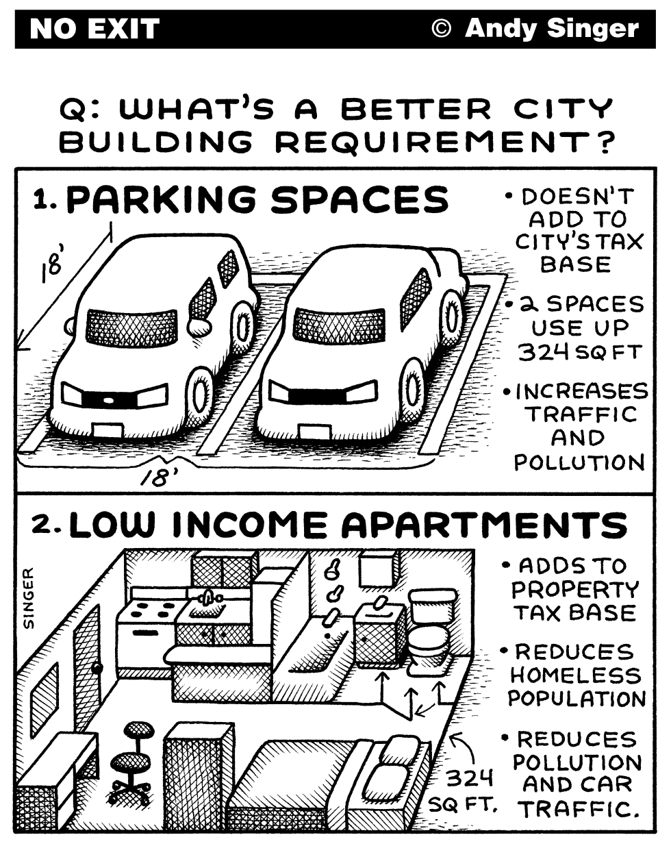 PARKING SPACES VERSUS HOUSING by Andy Singer