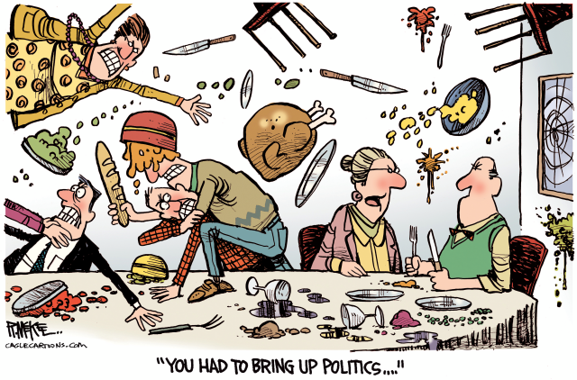 Thanksgiving Fight Over Politics REPOST by Rick McKee, CagleCartoons.com