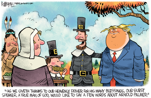 Vulgar Trump At First Thanksgiving by Rick McKee, CagleCartoons.com