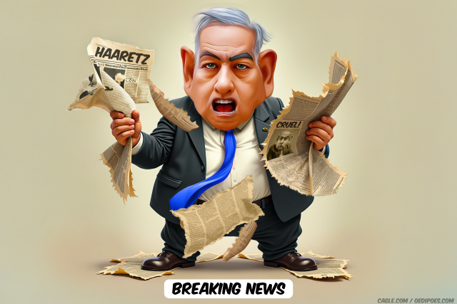 Benjamin Netanjahu tearing newspaper Haaretz by Bart van Leeuwen, PoliticalCartoons.com