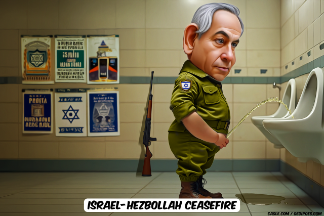 Benjamin Netanyahu urinating by Bart van Leeuwen, PoliticalCartoons.com