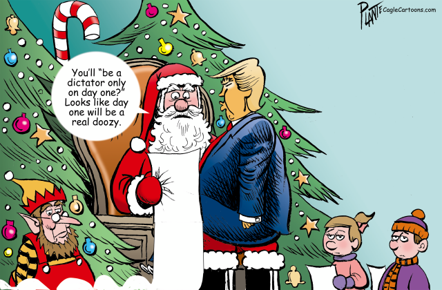 Donald Trump sitting on Santa's lap by Bruce Plante, PoliticalCartoons.com