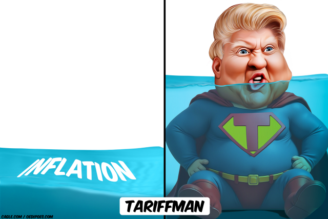 Trump the tariffman in sitting in bath by Bart van Leeuwen, PoliticalCartoons.com