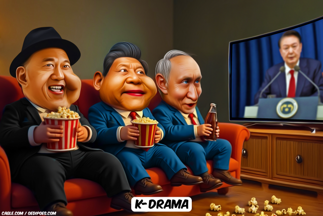 kim, putin and xi watching k-drama by Bart van Leeuwen, PoliticalCartoons.com