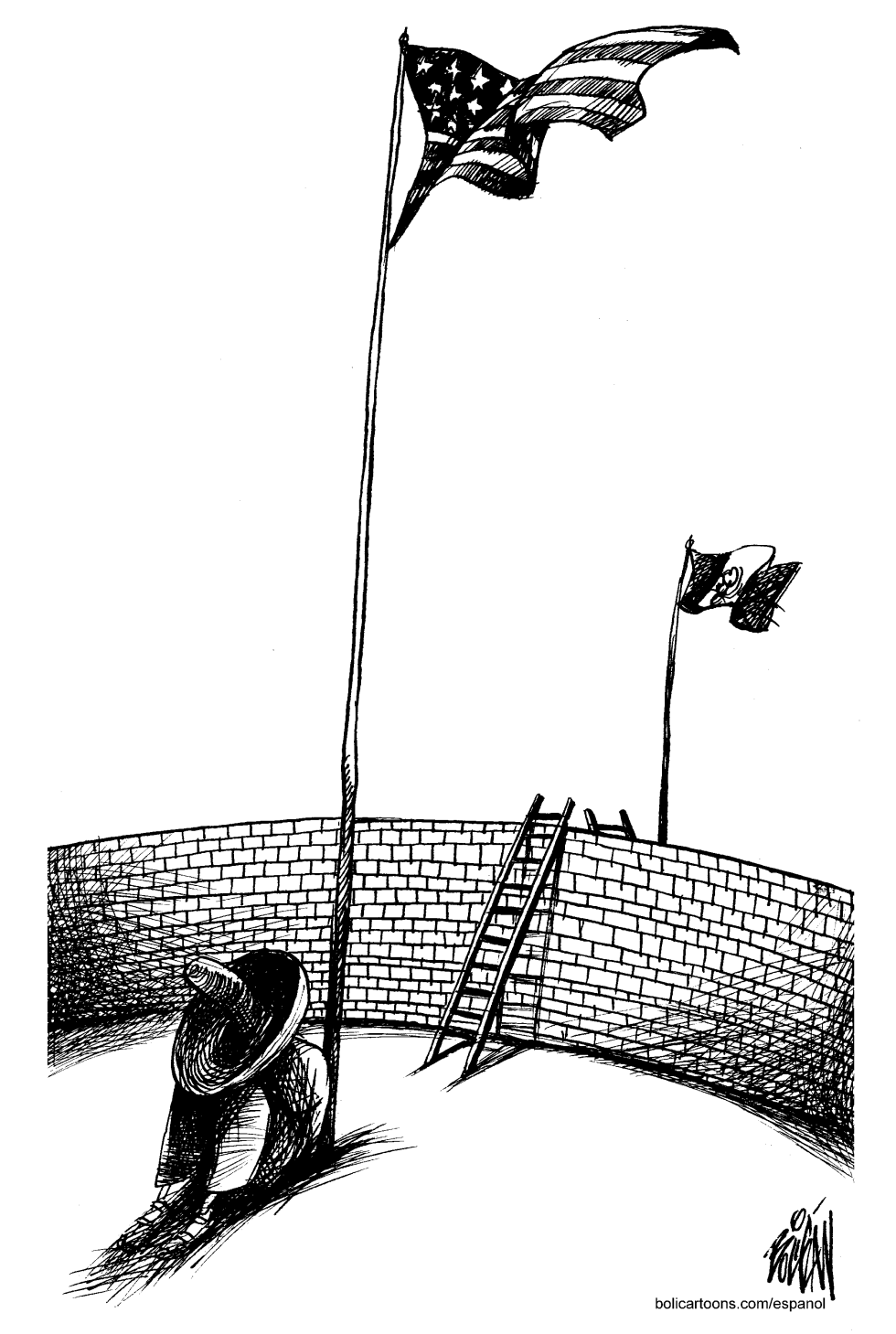 Border wall ladders frame American Dream scene with flags