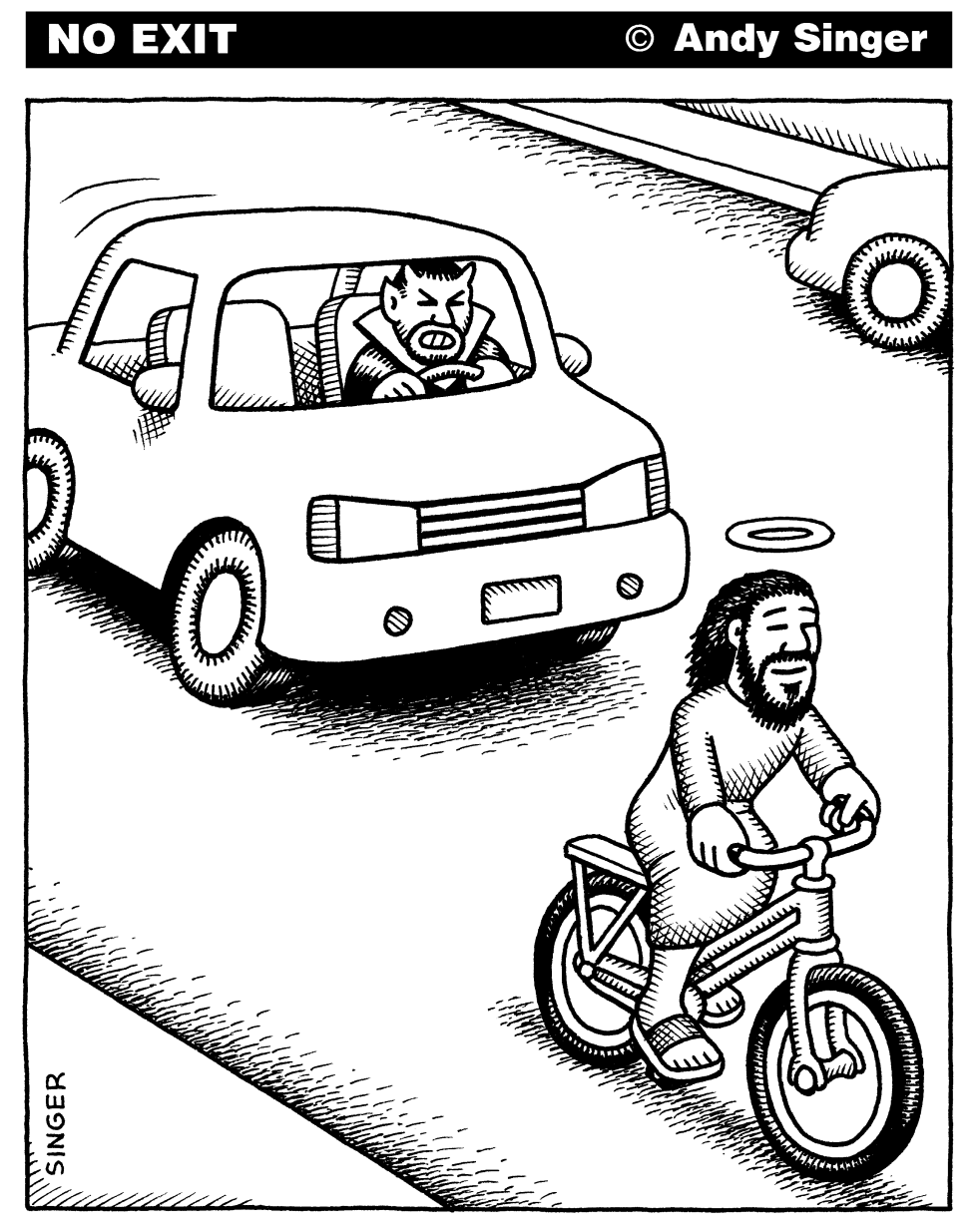 DEVIL CAR AND JESUS BIKE by Andy Singer