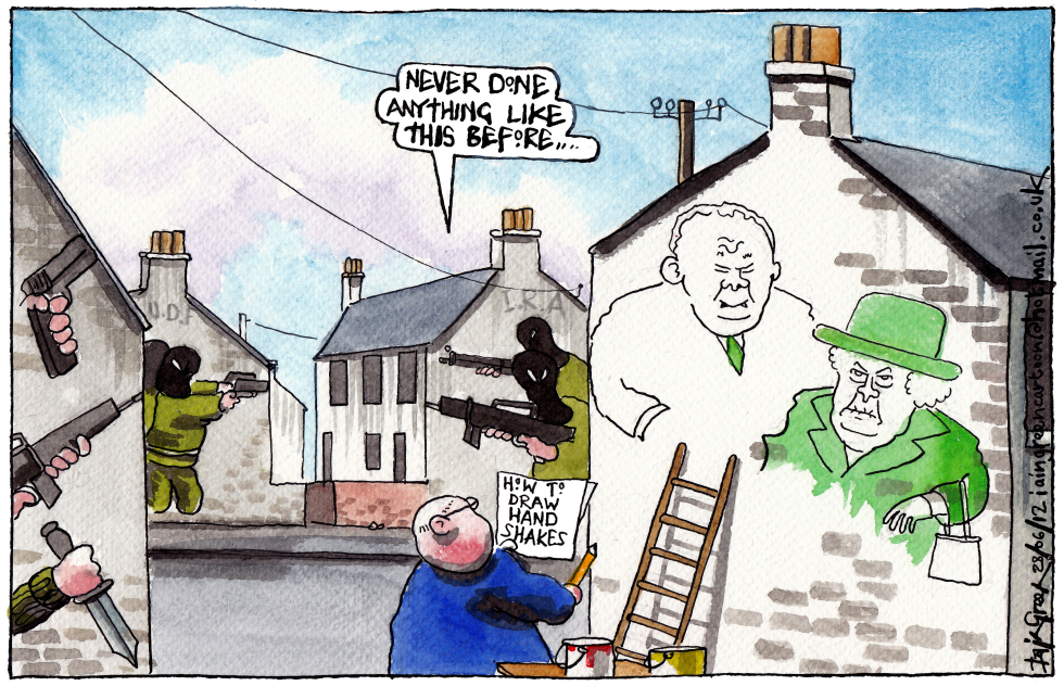QUEEN AND MCGUINNESS SHAKE HANDS