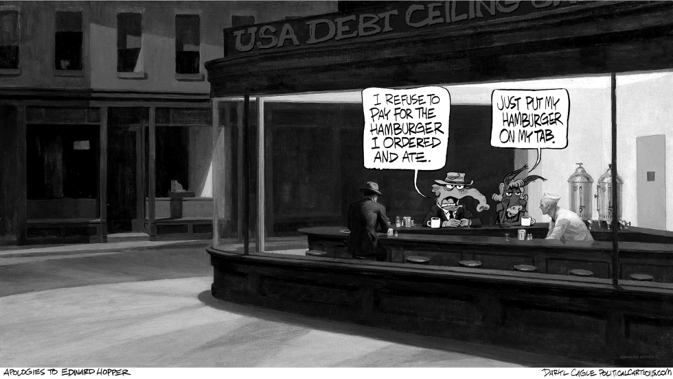  HOPPER AND THE DEBT CEILING NIGHTHAWKS GRAYSCALE by Daryl Cagle