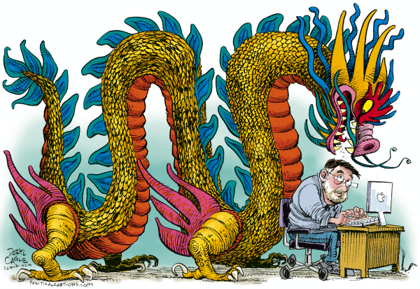 dragon,china,hackers,denial of service,attacks,cagle.com,Daryl Cagle,computer,apple,macintosh,dragon,chinese hackers