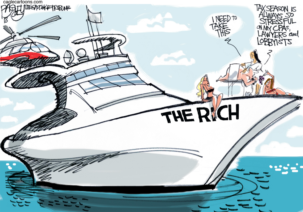 Tax Season Woes for the Wealthy Elite in Pat Bagley's Satirical Yacht Scene