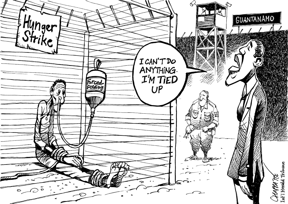 Obama claims helplessness; hunger strike escalates; force-feeding deployed.