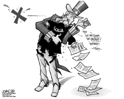 SCALIA AND UNCLE SAM KISSING BW by John Cole
