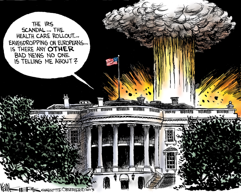 Bad News © Kevin Siers,The Charlotte Observer,white house,scandals,obama,spying,nsa,merkel-nsa,obamacare-exchange