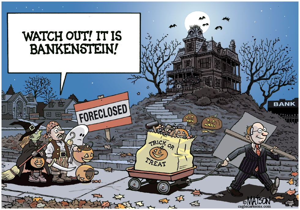 Kid Goes Trick or Treating as Bankenstein- COLOR
