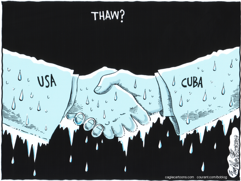 Obama Shakes Castro's Hand © Bob Englehart,The Hartford Courant,mandela memorial service,raul castro,cuba,united states,obama shakes castros hand,handshake
