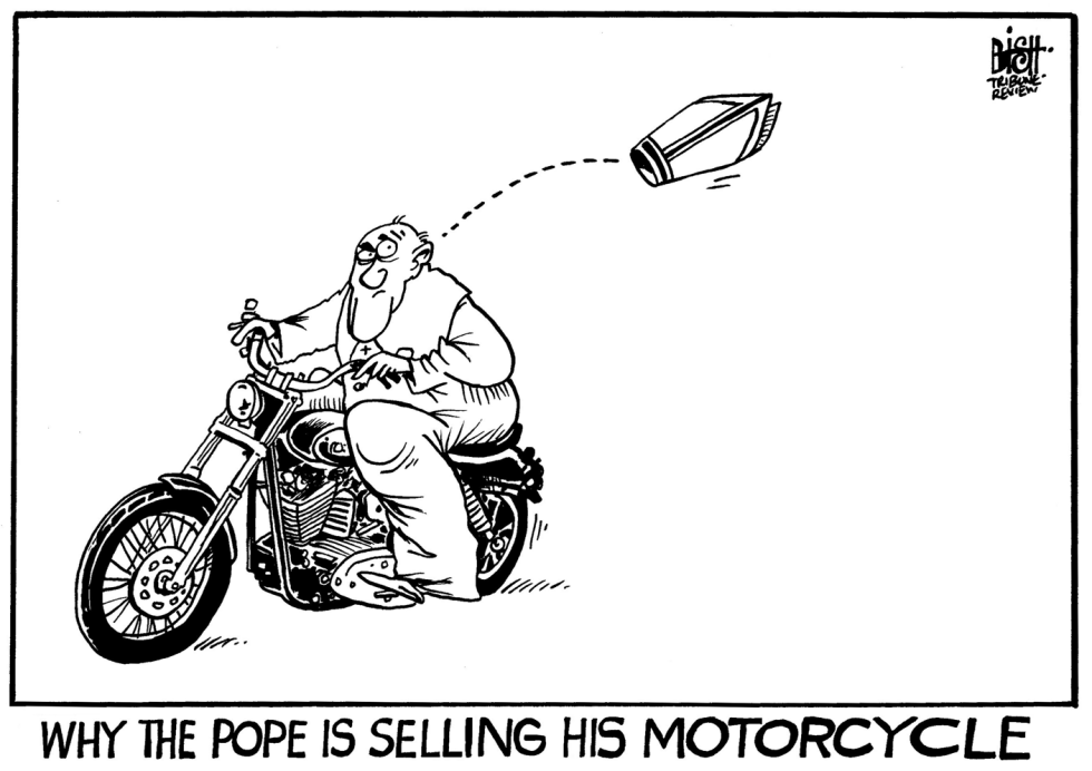 POPE SELLS HIS HARLEY, B/W
