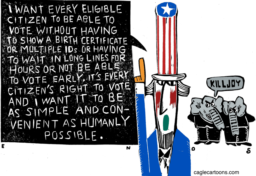 Cartoon mocks GOP resistance to easier voting rules