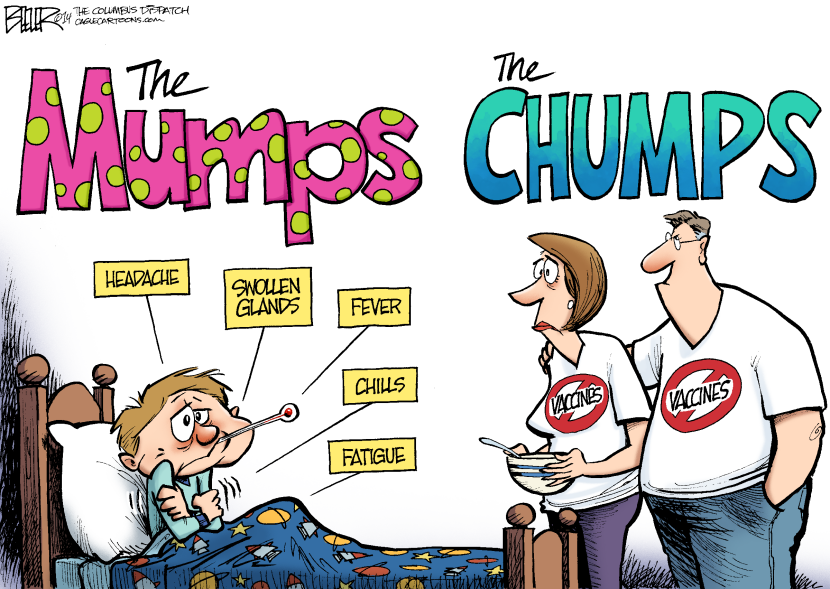 Cartoon contrasts mumps illness in child with vaccine-hesitant parents labeled chumps