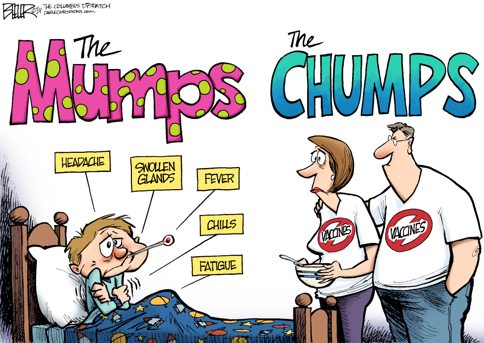 Cartoon contrasts mumps illness in child with vaccine-hesitant parents labeled chumps