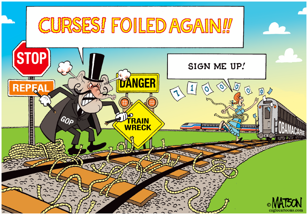 Snidely Whiplash (Republican) Can't Stop Obamacare-COLOR