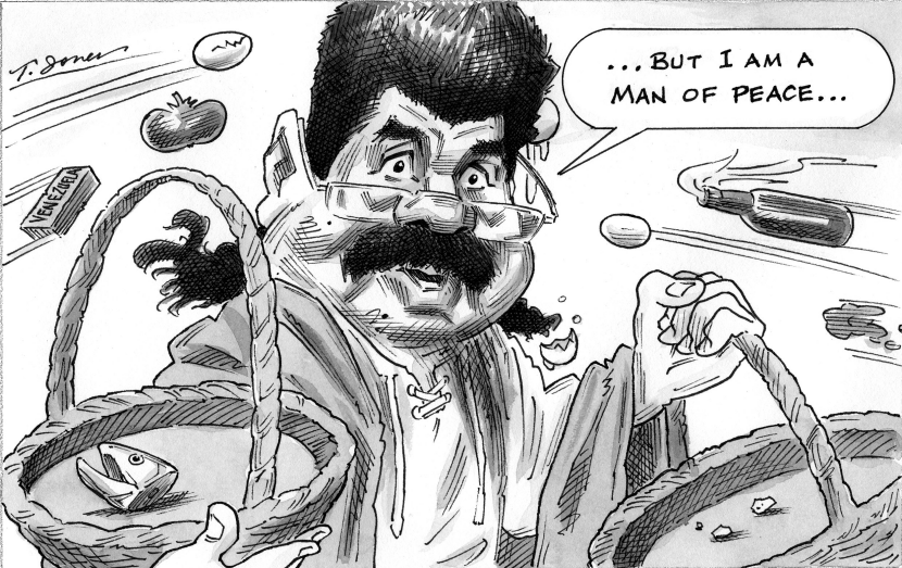 Nicolas Maduro as Jesus Amid Flying Objects in Satirical Cartoon