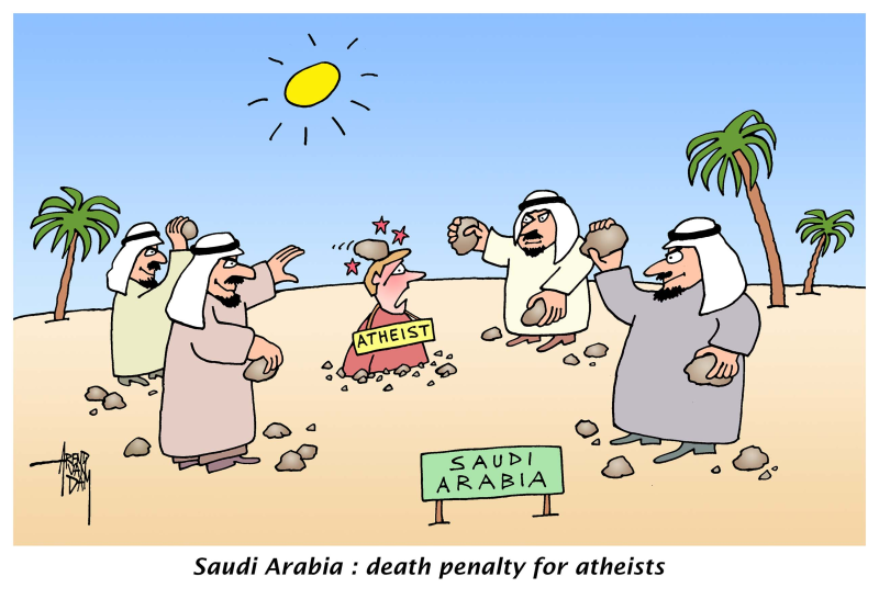 law against atheists © Arend Van Dam,politicalcartoons.com,Saudi Arabia, atheists, death penalty, human rights, radical islam, muslims, Middle East