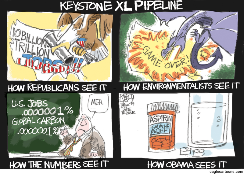 Keystone Pipeline © Pat Bagley,Salt Lake Tribune,Keystone Pipeline,Keystone XL Pipeline,Oil,Gas,Canada,Tar Sands,Fossil Fuel,Jobs,Republicans,Obama,Energy
