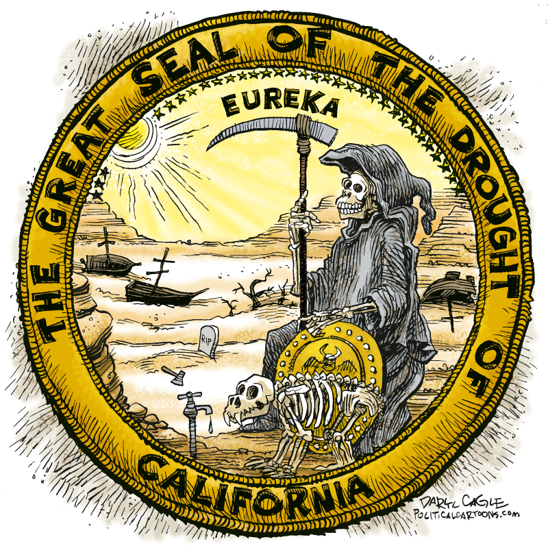 California Drought Seal © Daryl Cagle,CagleCartoons.com,California,State,seal,drought,weather,global warming,water,desert,bear,death,sun,climate change
