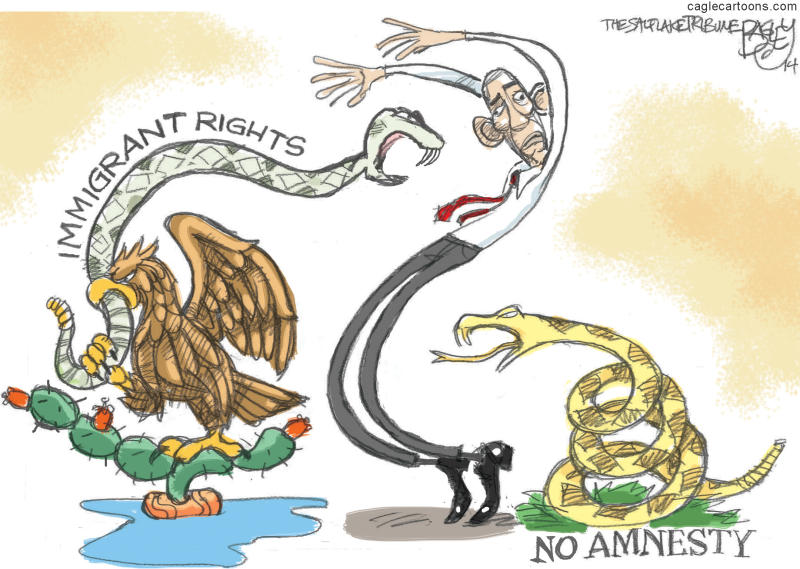 Immigrant Rights   No Amnesty © Pat Bagley,Salt Lake Tribune,immigration,amnesty,mexico,flag,eagle,snake,President Barack Obama