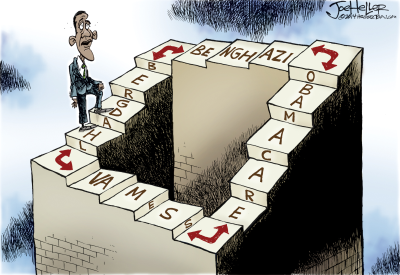 Obama Scandals © Joe Heller,Green Bay Press-Gazette,obama scandals, POW, healthcare, obamacare, benghazi, VA, Bergdahl, esher