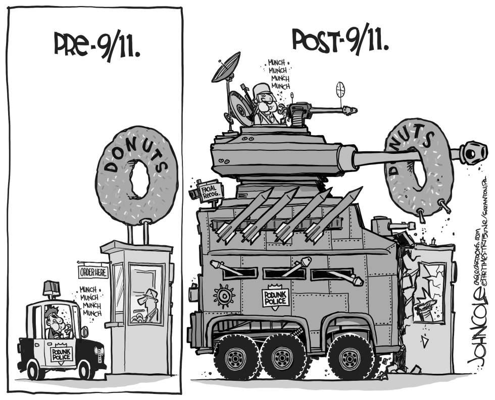 Militarized cops and donuts BW