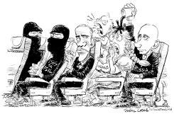 OBAMA SQUEEZED INTO THE WORLD PLANE by Daryl Cagle