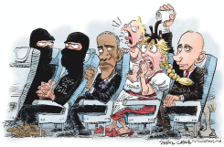 OBAMA SQUEEZED INTO THE WORLD PLANE  by Daryl Cagle