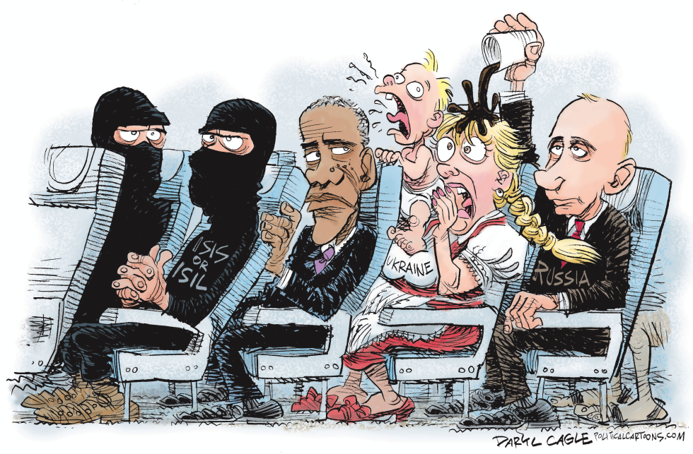 Obama Squeezed into the World Plane COLOR