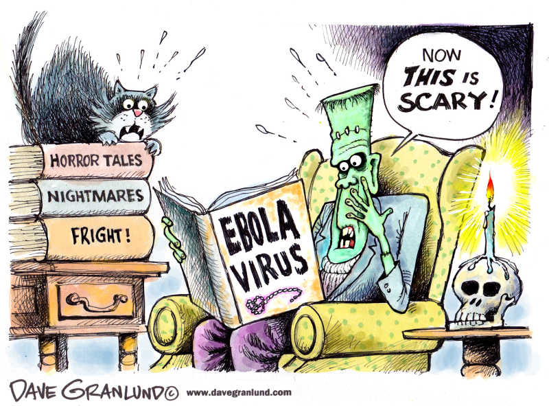 Ebola virus scary © Dave Granlund,Politicalcartoons.com,				Ebola,viral,deaths,spreading,victims,contagious,disease,africa,texas,cases,isolated,usa,us,travel,fears,