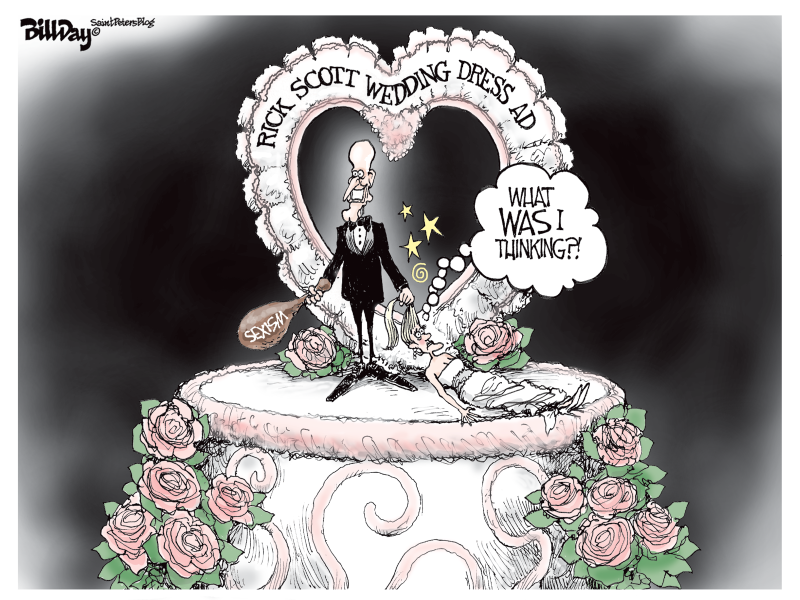local FlNOT the MARRYIN' KIND © Bill Day,Cagle Cartoons,Rick Scott, campaign ad, sexism, wedding dress