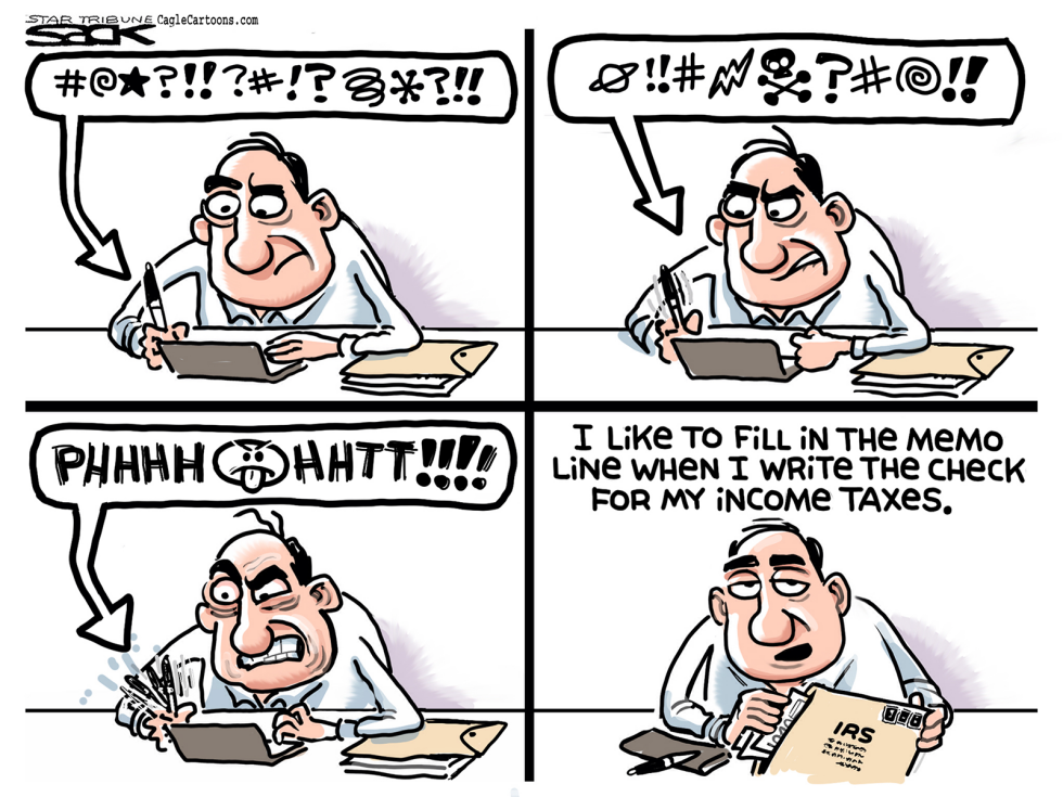 Taxpayer's Curses and Memo Line Wit in Income Tax Frustration Cartoon