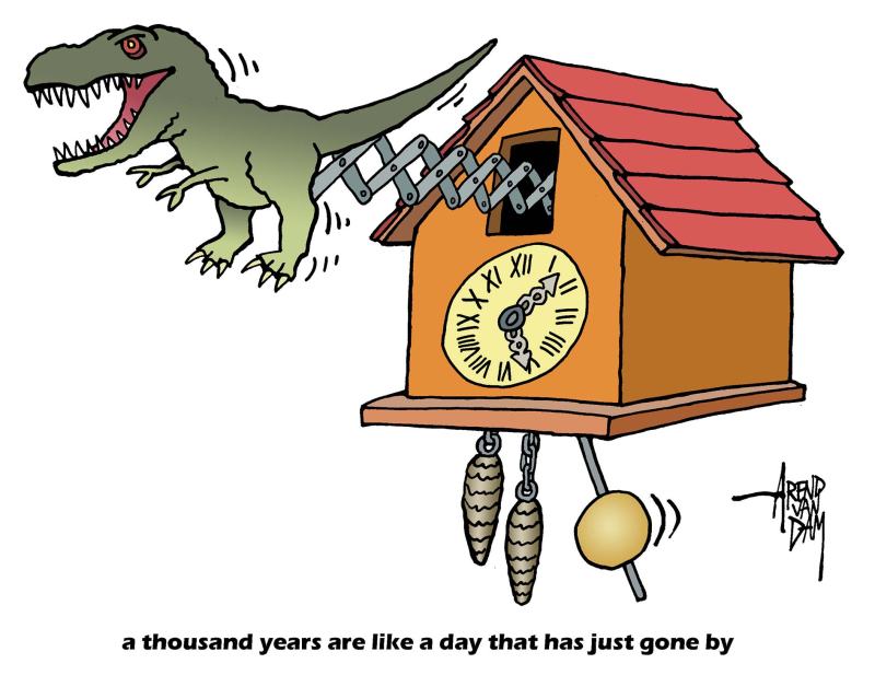time flies © Arend Van Dam,politicalcartoons.com,thousand years, dinosaurs, ages, millions of years, prehistory, psalm 904, 