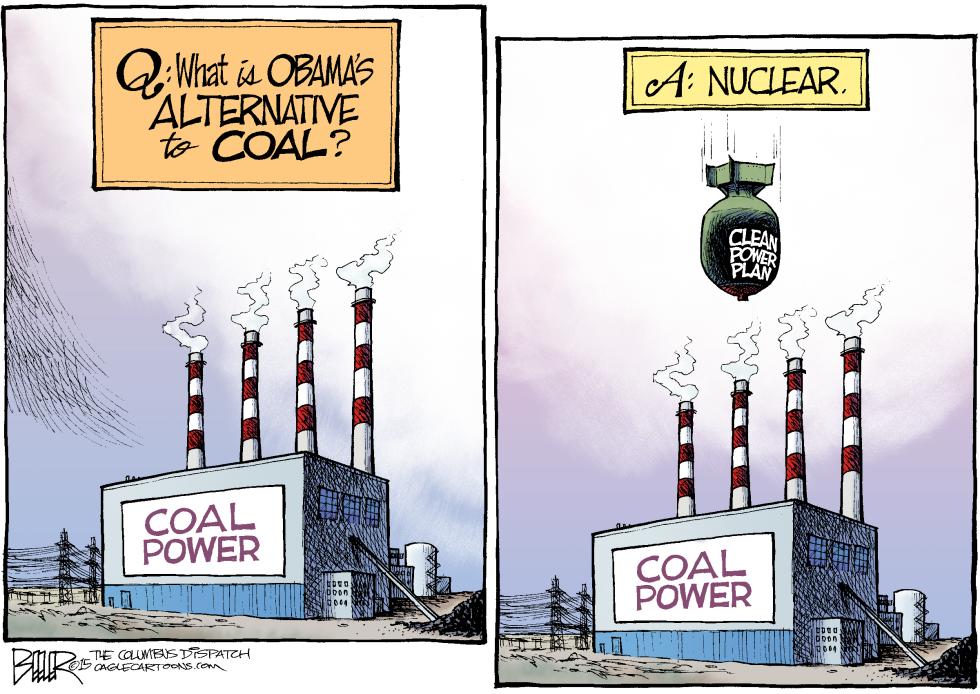 Cartoon depicts Clean Power Plan as nuclear bomb over coal plant