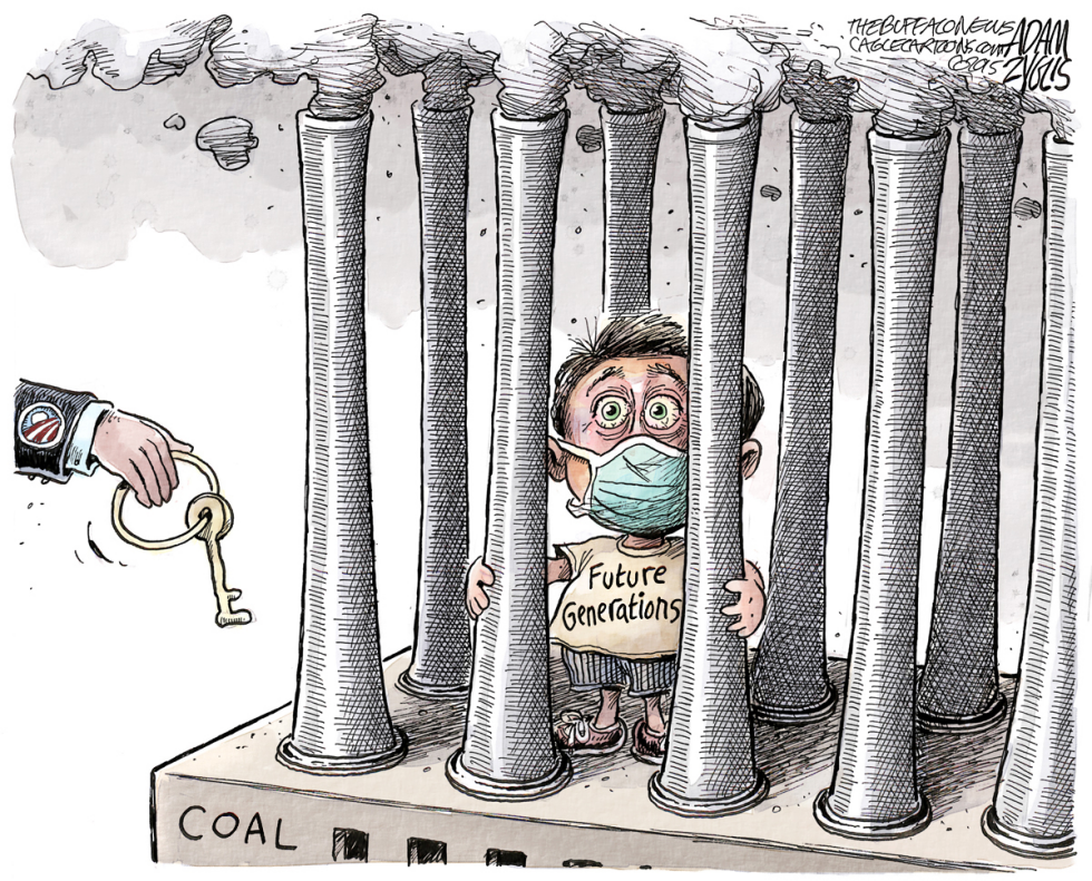 Child representing future generations stands trapped amid coal smokestacks while key is discarded