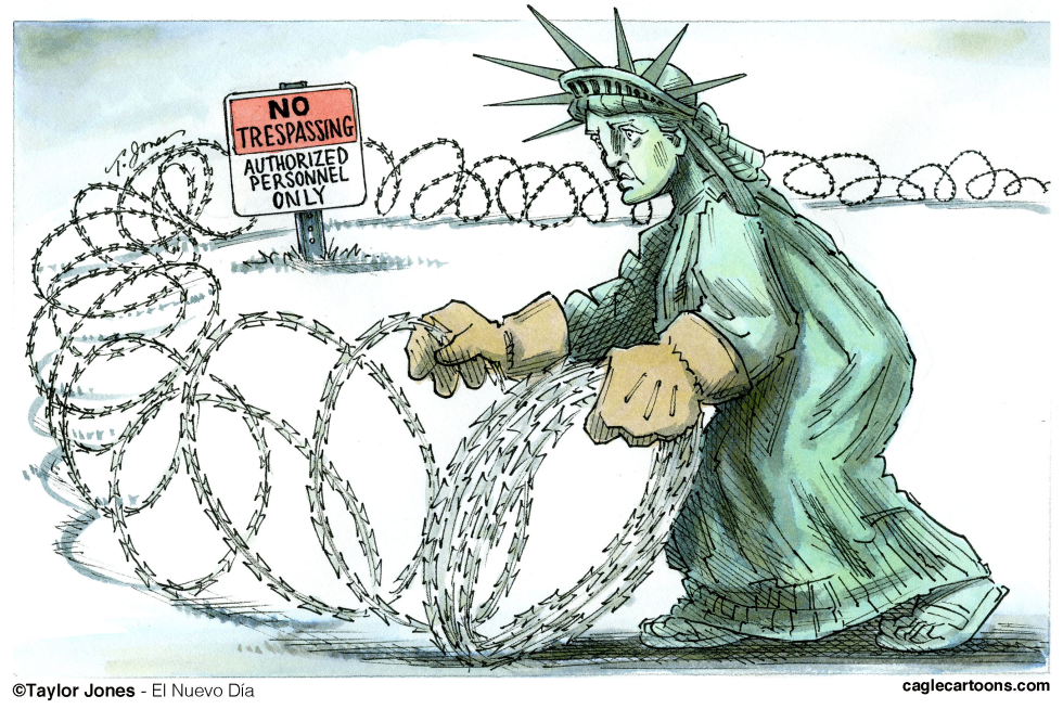 Statue of Liberty deploys barbed wire amid immigration controls and border enforcement.