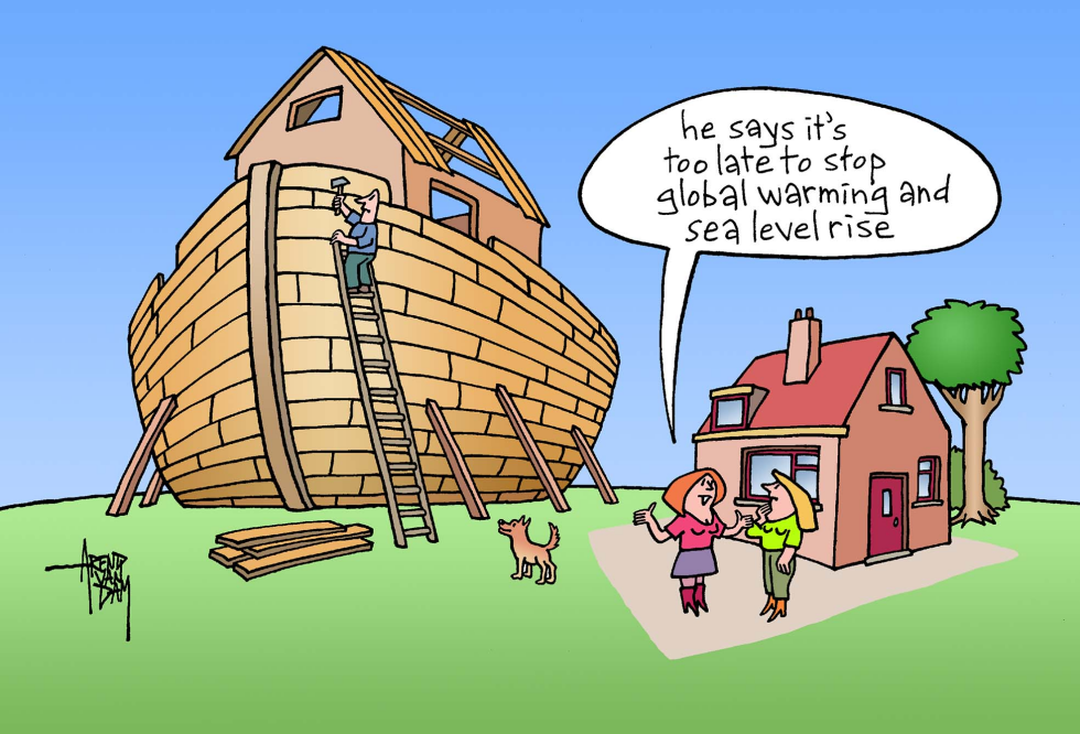 Man constructs large vessel as sea levels threaten homes during climate talks