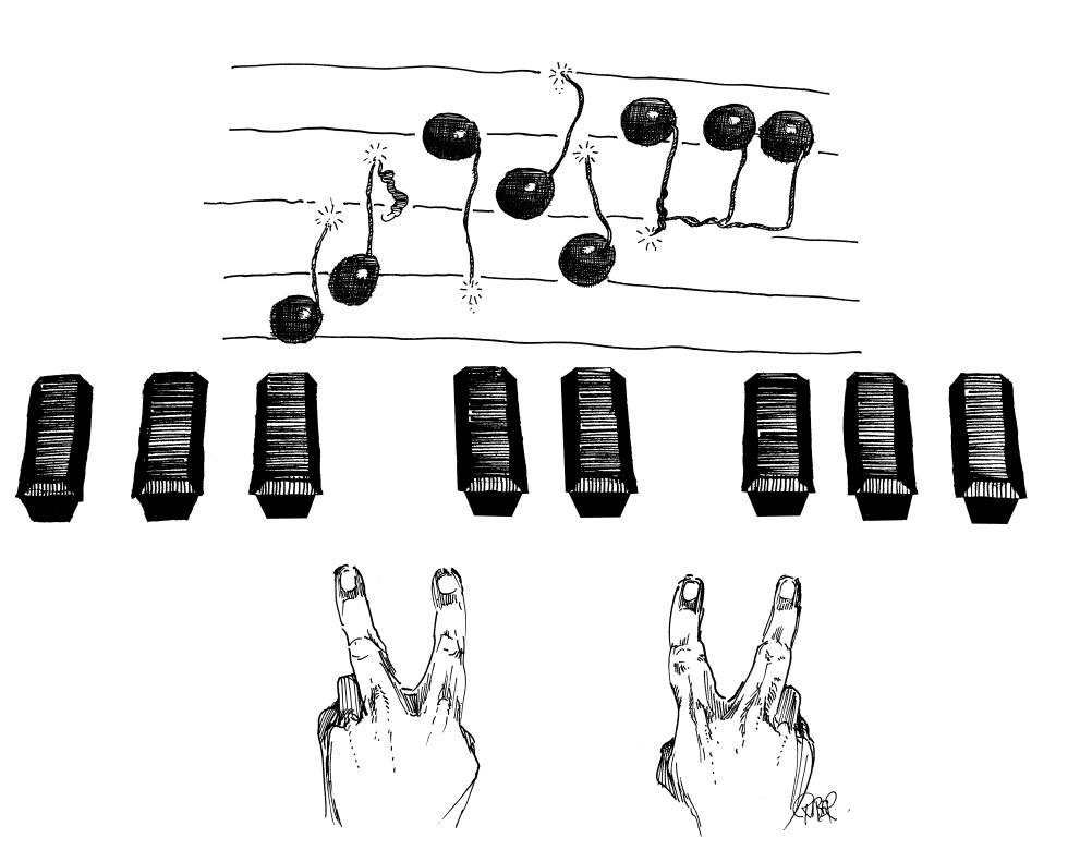  TERRORIST PLAYING PIANO ON COFFINS BOMBS AS NOTES by Riber Hansson