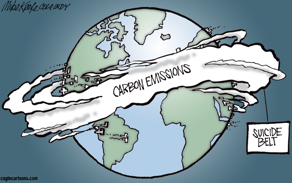 Earth encircled by carbon emissions band with suicide belt label