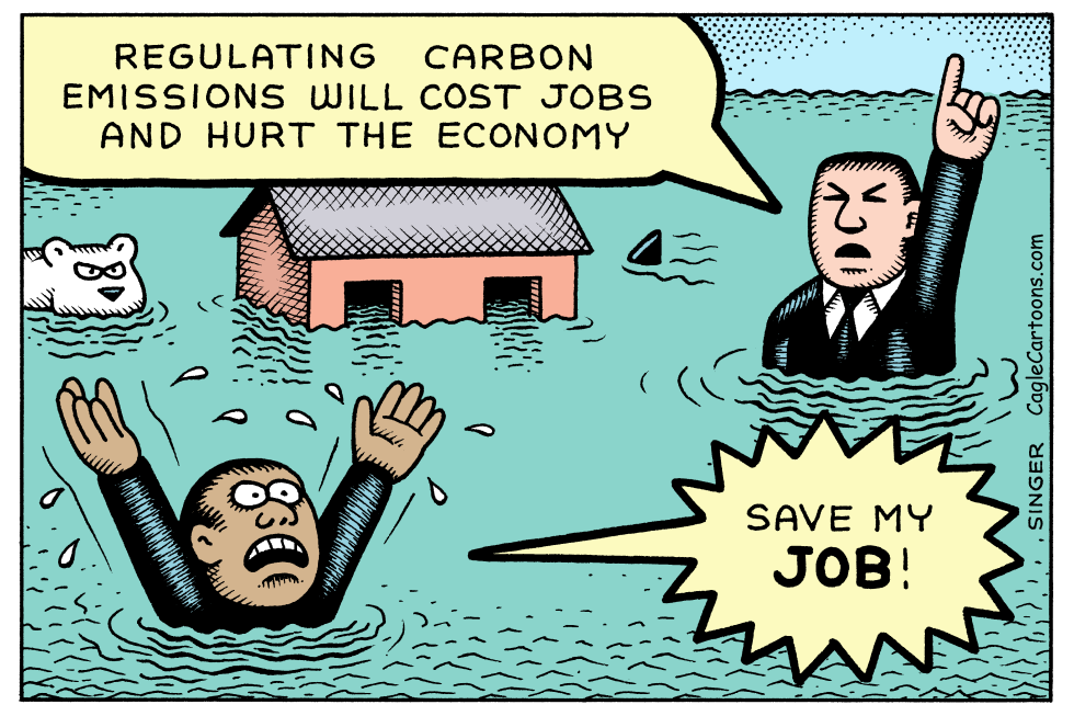 Cartoon mocks job-loss claims amid rising floodwaters from carbon emissions