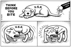 THINK BEFORE YOU BITE HORIZONTAL by Andy Singer
