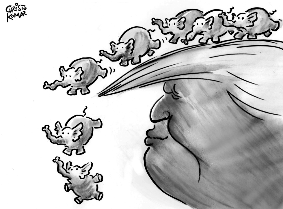 Elephants jumping of cliff-grayscale