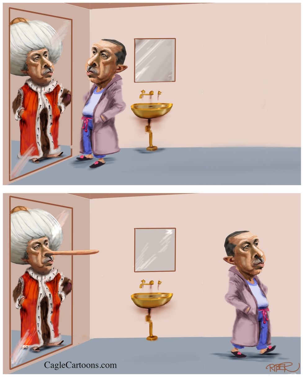  ERDOGAN ADMIRING HIMSELF IN A PINOCCIO-MIRROR by Riber Hansson