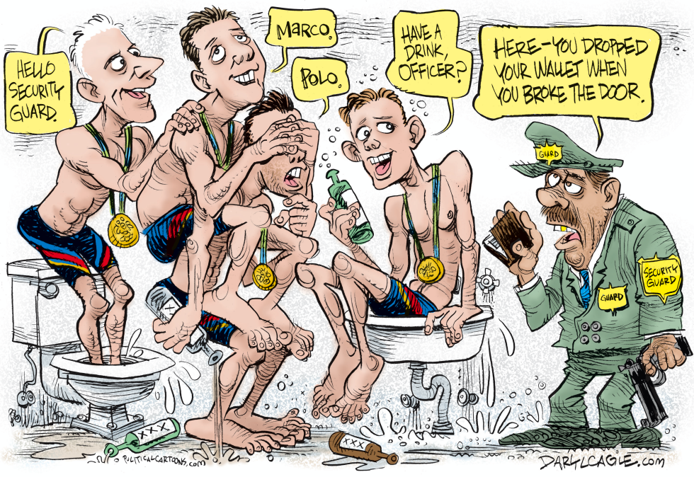  OLYMPIC SWIMMERS TRASH THE BATHROOM by Daryl Cagle