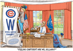 CUBS FAN HILLARY CLINTON MEASURES THE OVAL OFFICE DRAPES by R.J. Matson